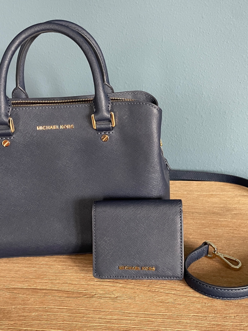 Michael Kors Navy Saffiano Leather Satchel with Wallet and Strap